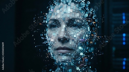 Futuristic Woman Portrait with Digital Effects and Water Bubbles.
