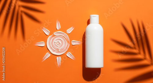 White cosmetic bottle and cream sun symbol on orange background, sun protection and skincare advertising for summer safety