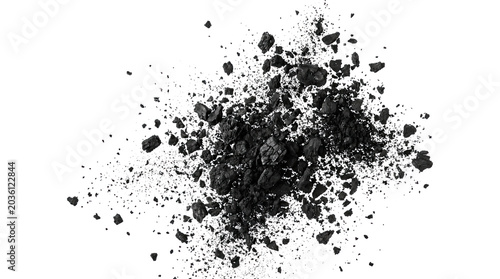 Coal explosion debris and dust particles isolated on transparent background, abstract.