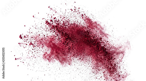 Red powder explosion cloud scattering, fine particles burst on transparent background.