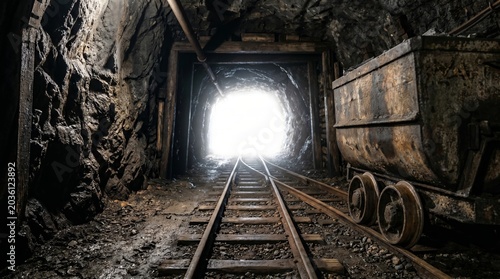 Mine cart on tracks inside dark underground tunnel with bright light at tunnel exit. Industrial mining facility with railway system. Historical coal extraction and geology concept.