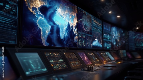 High tech control room with global monitoring screens. AI-generated.