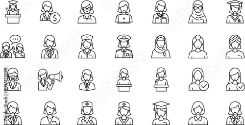 Photos Diverse Professional Women Icon Set Featuring Various Career Roles in Outline St