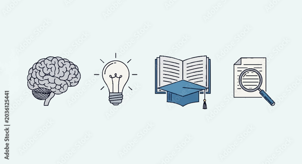 Fototapeta premium Education, Learning, Brainstorming, Graduation, Research Icons Set