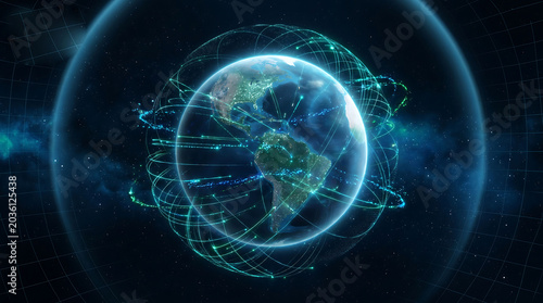 Global communication network with satellite connections around the earth in space, digital data transmission concept