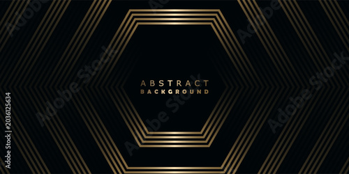 Abstract golden luxury techno background with overlapping layers in dark space with glowing line decoration. Modern graphic design element with hexagon style concept for poster, brochure, card