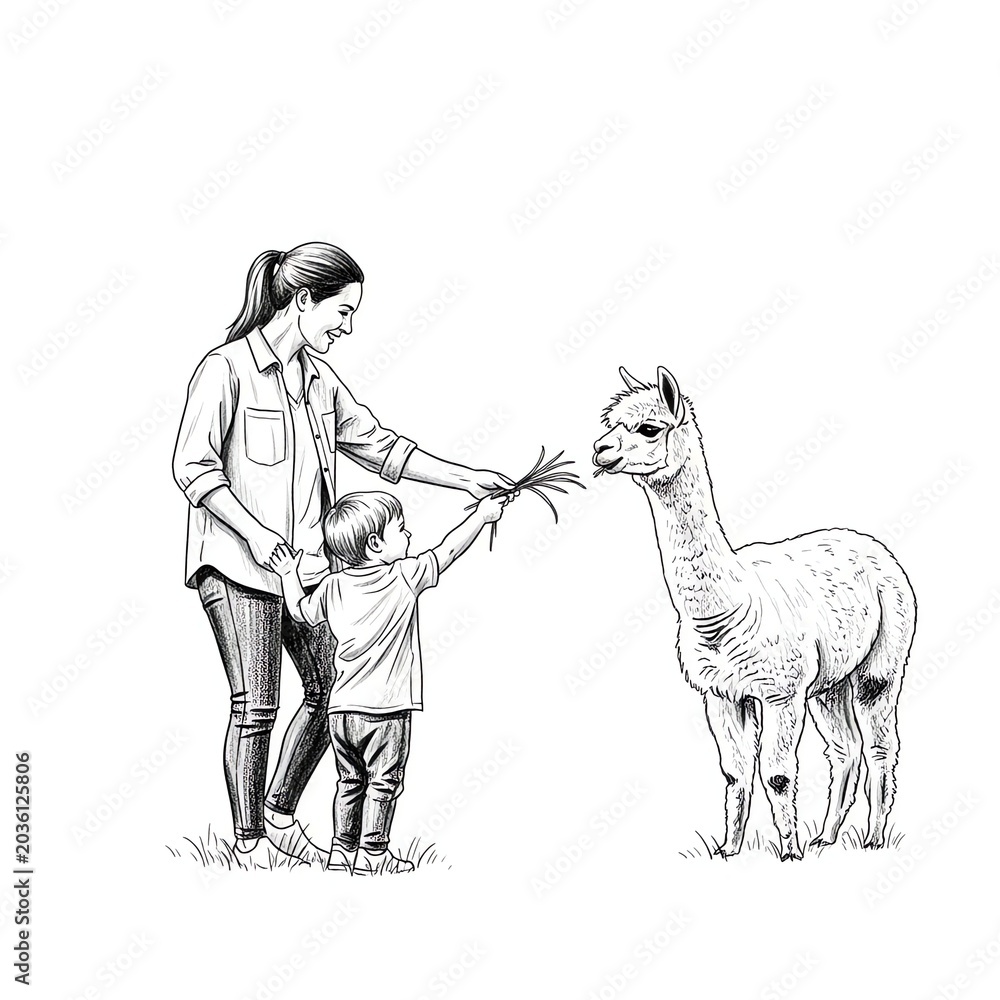 Naklejka premium Mother and Child Feeding Alpaca in Field