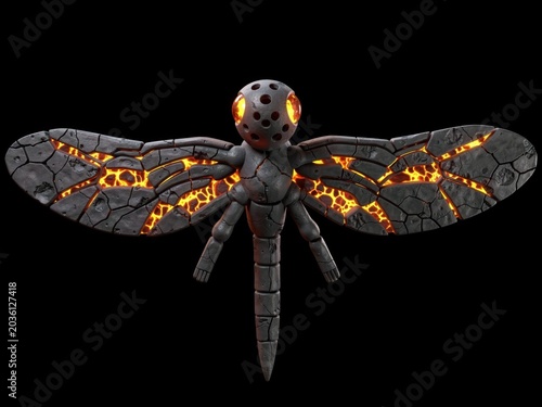 Fiery Dragonfly With Lava-Lit Wings And Glowing Eyes Against Black Background – Sci-Fi Fantasy Creature Design