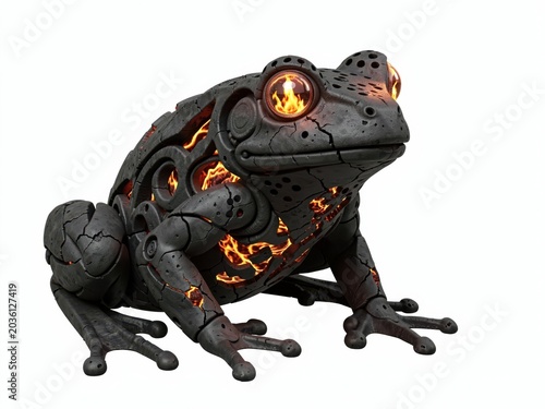 Mechanical Fire Frog Sculpture with Glowing Eyes and Internal Flames – Sci-Fi Fantasy Creature Artwork