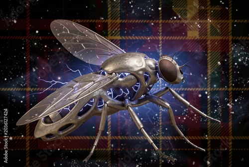 Metallic Fly With Lightning Sparks Hovering Against Tartan Plaid Background, Sci-Fi Futuristic Insect Design