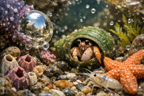 Underwater Crab in Shell With Starfish & Bubble Reflection – Marine Life Macro Photography