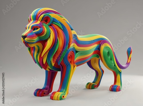 Vibrant Rainbow Lion Sculpture Made of Colorful Strips – Abstract Modern Art Installation