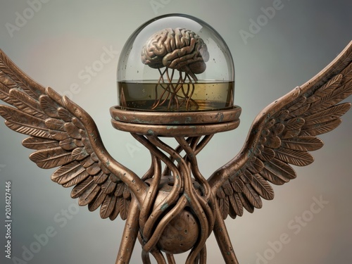 Bronze Angel Wings Support Glass Dome Containing Brain Suspended in Liquid – Sci-Fi Medical Symbol