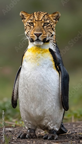 Leopard-headed penguin standing upright in natural habitat with striking yellow chest patch and intense gaze