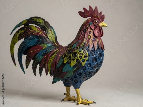 Vibrant Colorful Rooster Sculpture Artwork Featuring Intricate Patterns and Metallic Feathers for Decorative Display