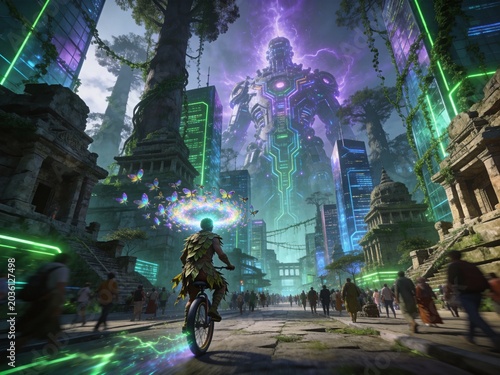Futuristic Cityscape with Giant Robot Statue, Neon Lights, Bicycle Rider, Ancient Ruins, Cyberpunk Fantasy Scene