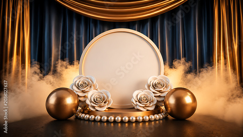round blank luxury frame with roses pearls golden drapery decor