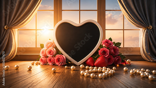 heart shaped blank sign with roses pearls by warm sunrise window