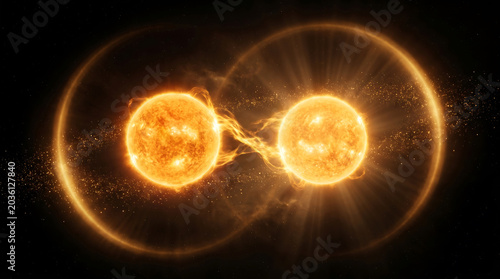Two glowing stars connected by a bridge of plasma in deep space, binary star system with solar flares and cosmic dust