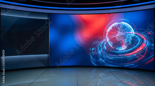 Virtual news studio background with a digital globe and abstract red and blue lighting effects for television broadcast