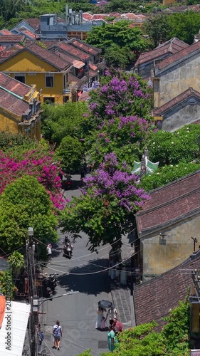 Aerial drone view of Hoi An city, Quang Nam province, Vietnam. Panoramic footage of Ancient town, UNESCO world heritage. One of the most travel popular touristic destinations