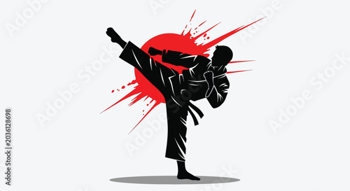 Dynamic Martial Arts Kick Silhouette with Red Sunburst Background 1.