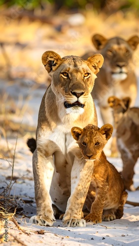 Lioness and cubs in savanna