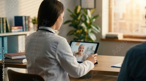 Telemedicine doctor tablet video call senior woman healthcare online consultation clinic patient medical advice, female doctor clinic office holding tablet during telemedicine video call with