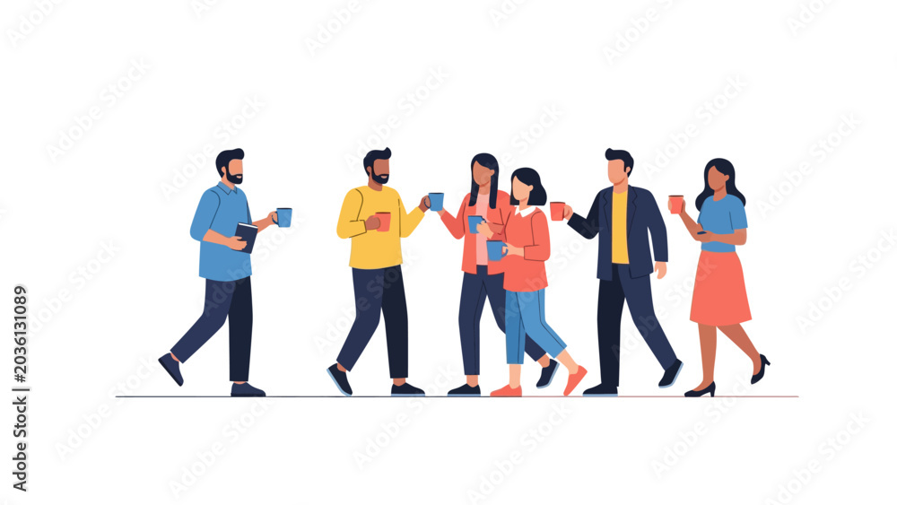 Fototapeta premium Diverse Group of People Walking and Socializing with Coffee Cups Flat Vector Illustration