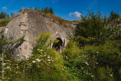 Concrete remains of an abandoned fortress hidden in vegetation