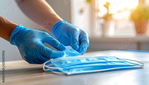 Blue Gloved Hands Arranging Surgical Face Masks on Table Near Sunlit Window