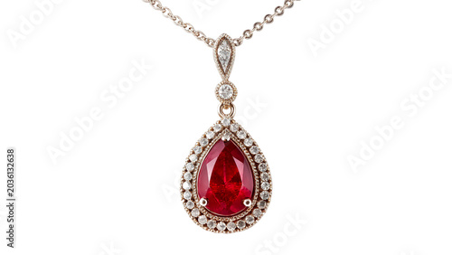 Elegant gold necklace pendant with large red ruby gemstone isolated on white background