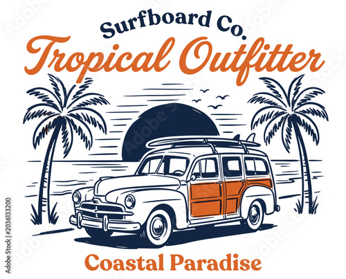 Fotografie Tropical Outfitter, Surfboard Co, vintage woodie car, coastal paradise beach sce
