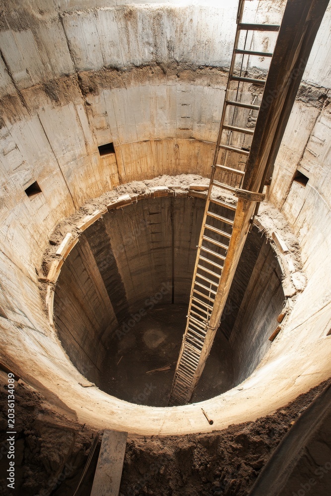 Fototapeta premium Deep construction site shows large round hole with a wooden ladder leading down