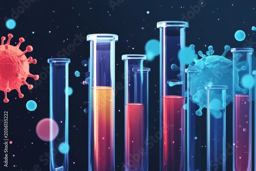 Laboratory setup shows test tubes with liquid samples and virus-like structures during a scientific research session