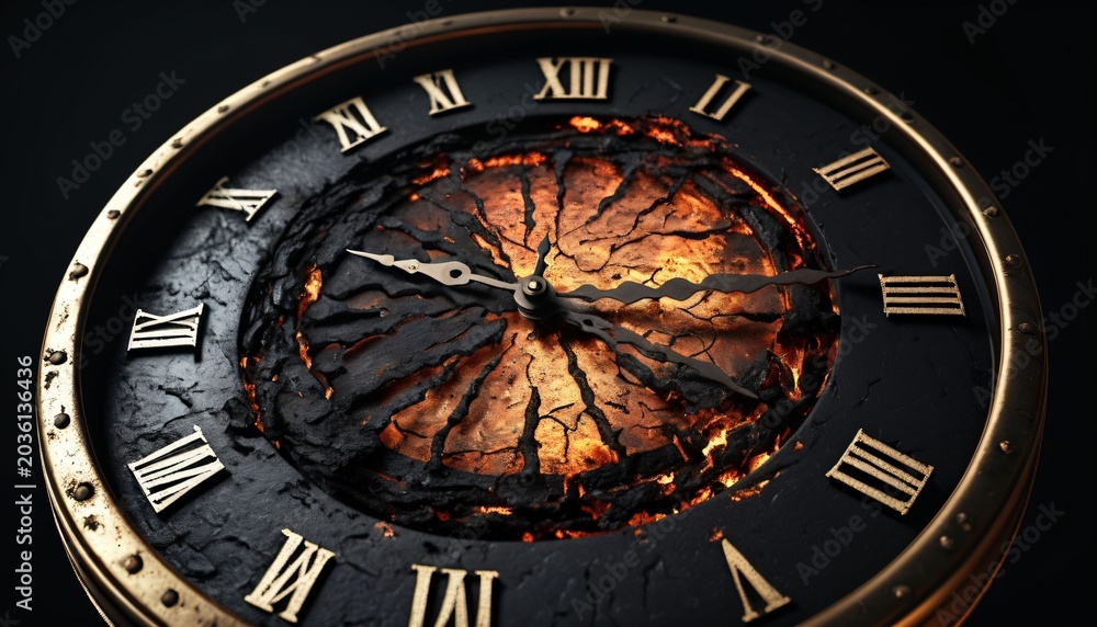 Obraz premium Burned Ancient Clock Symbolizing Lost Time