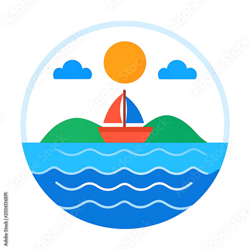 Flat illustration of a sailboat on blue water under a sun and clouds, with green hills, evoking a peaceful summer day at sea