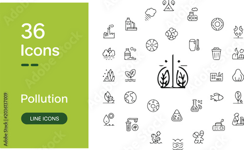 Obraz na płótnie Set of thirty six pollution and environmental line icons featuring factory smoke waste water plastic trash and climate change vector