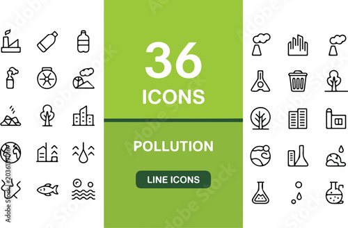 Obraz na płótnie Set of thirty six pollution and environmental line icons featuring factory smoke waste water plastic trash and climate change vector
