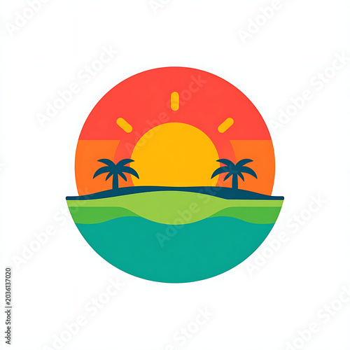 Flat illustration of a tropical island sunset with palm trees and calm ocean waves, evoking a sense of relaxation and vacation