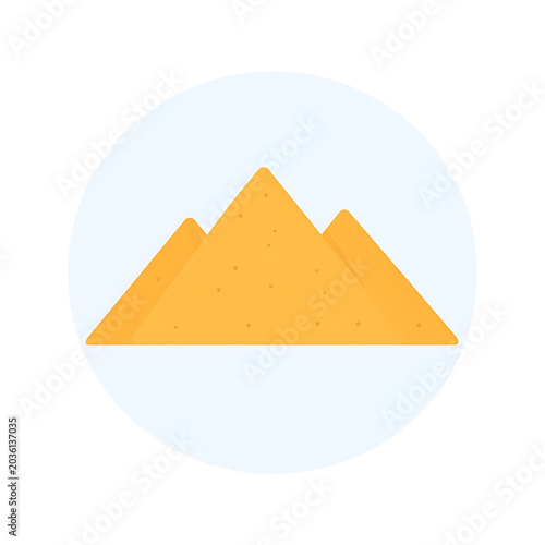 Flat illustration of three golden pyramids with textured surfaces on a light blue circle background, representing ancient Egypt and landmarks