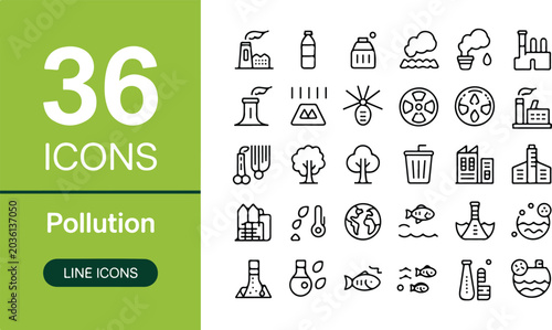 Fotografie Set of thirty six pollution and environmental line icons featuring factory smoke waste water plastic trash and climate change vector