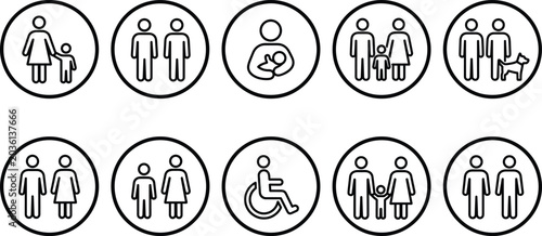 Family and accessibility icons, inclusive community symbol vector illustrations, social relationship signs for healthcare and public information projects