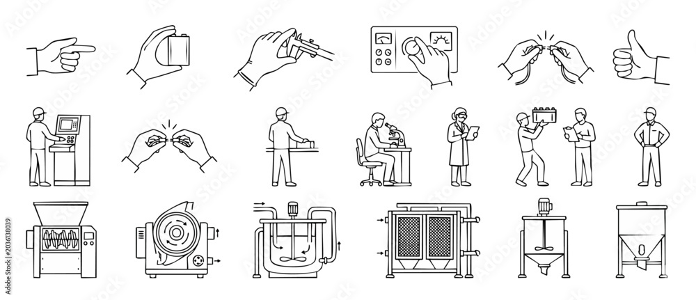 Fototapeta premium Industrial factory line icon set depicting engineering workers, laboratory technicians, hands-on mechanical assembly, machinery equipment, quality control processing, and manufacturing operations.