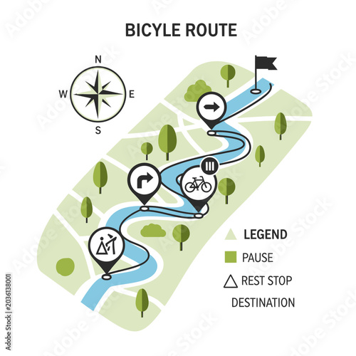 Bilde på lerret bicycle route map with legend and compass