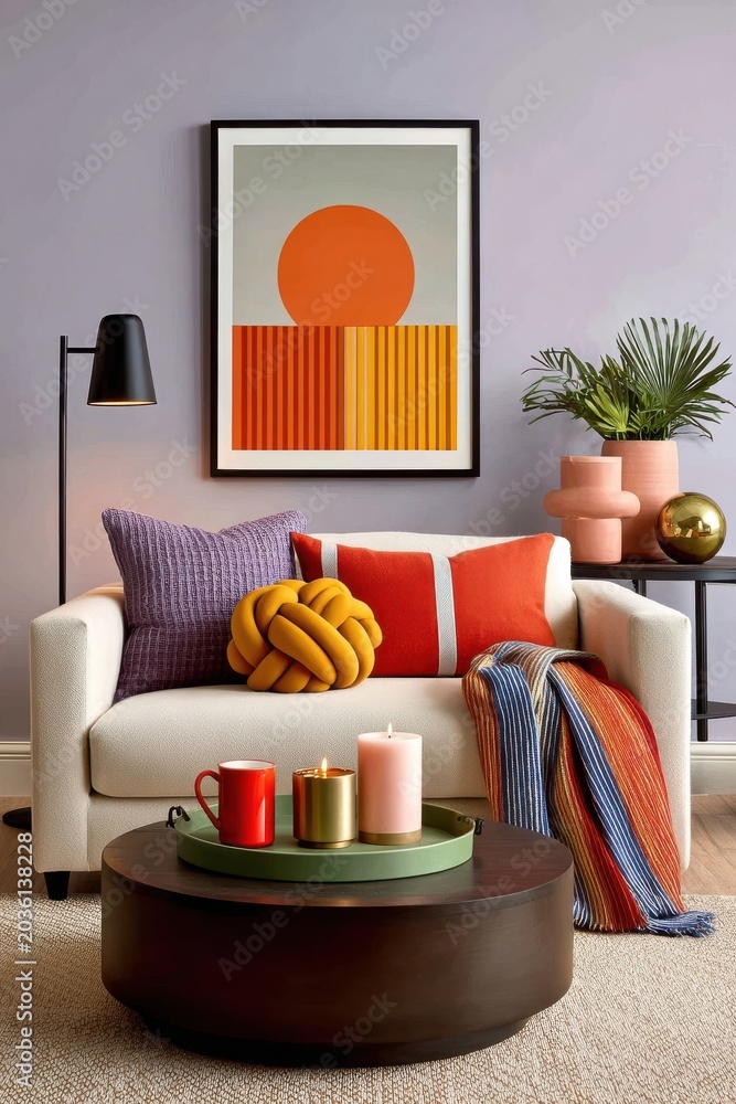 Fototapeta premium Contemporary cozy living room with colorful sofa, abstract artwork, textured pillows and modern decor