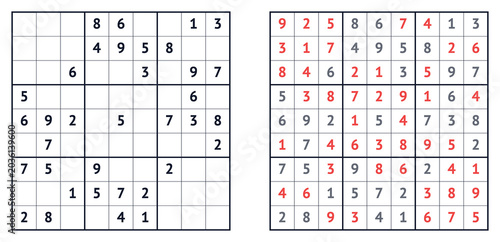 Cuadro en lienzo Sudoku puzzle grid with numbers and highlighted solutions