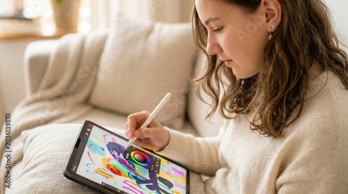 Woman artist drawing on digital tablet with stylus. Illustrator working on graphic project at home. Creative design process using modern technology for digital art and illustration.