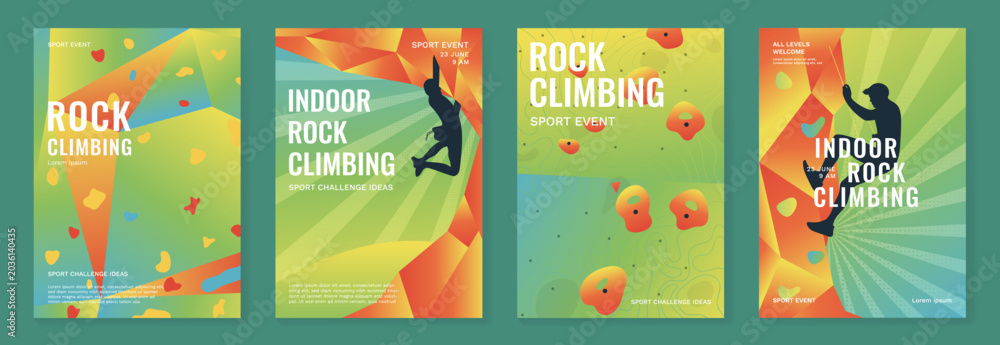 Naklejka premium Rock climbing poster vector set. Colorful indoor sport event flyers with silhouette climbers, abstract geometric holds and modern gradient backgrounds.