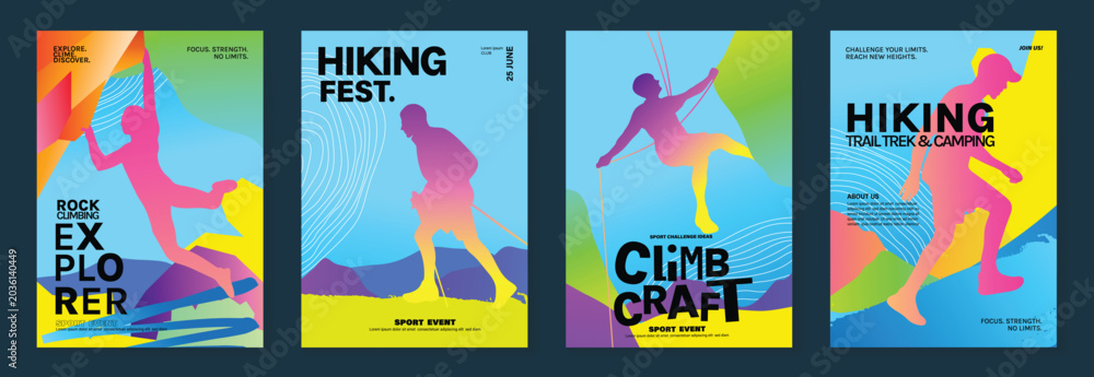 Fototapeta premium Rock climbing poster vector set. Colorful indoor sport event flyers with silhouette climbers, abstract geometric holds and modern gradient backgrounds.